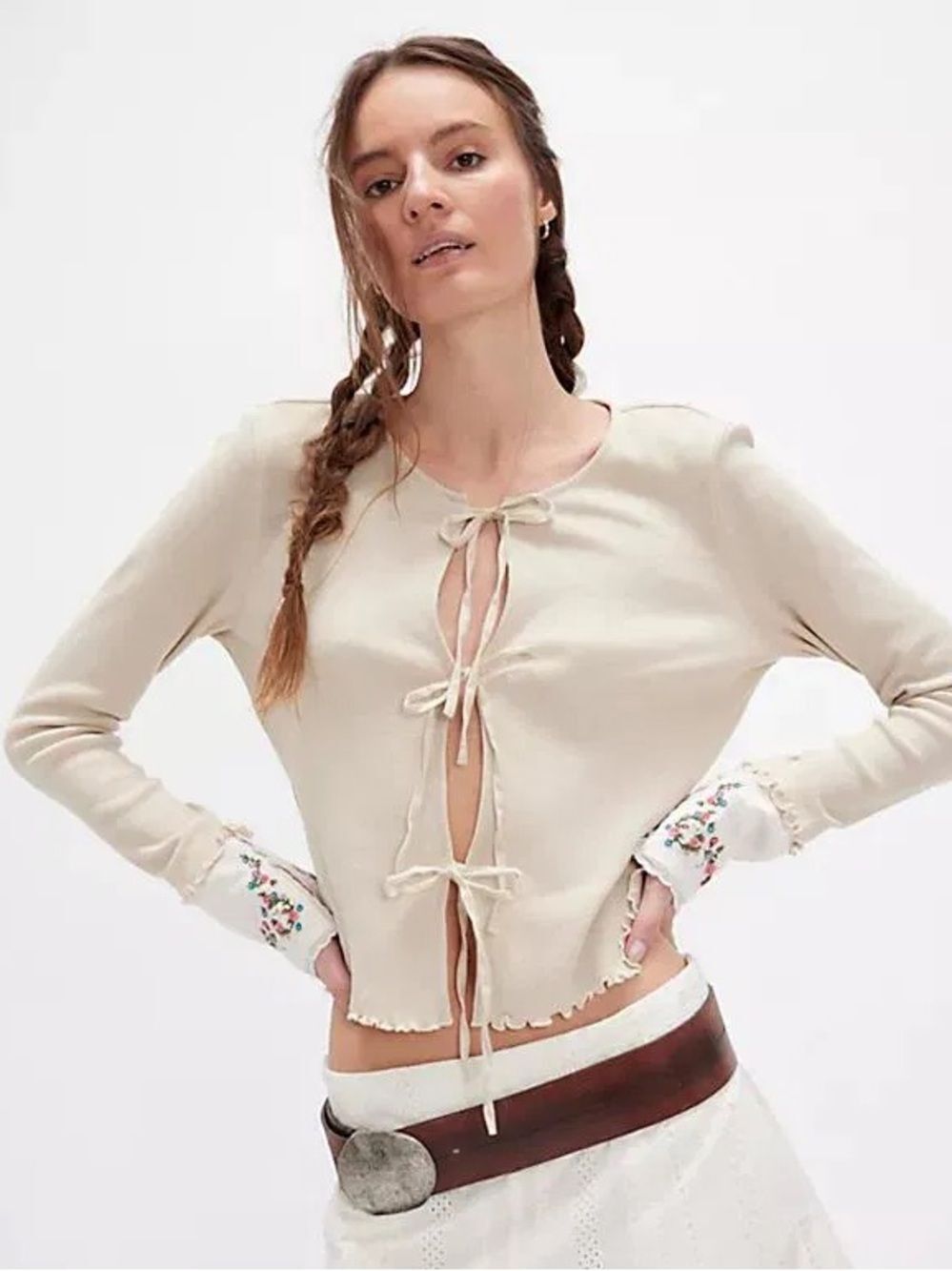 Free People Tie Front Cardigan Top Embroidered Boho Chic Parisian S Free